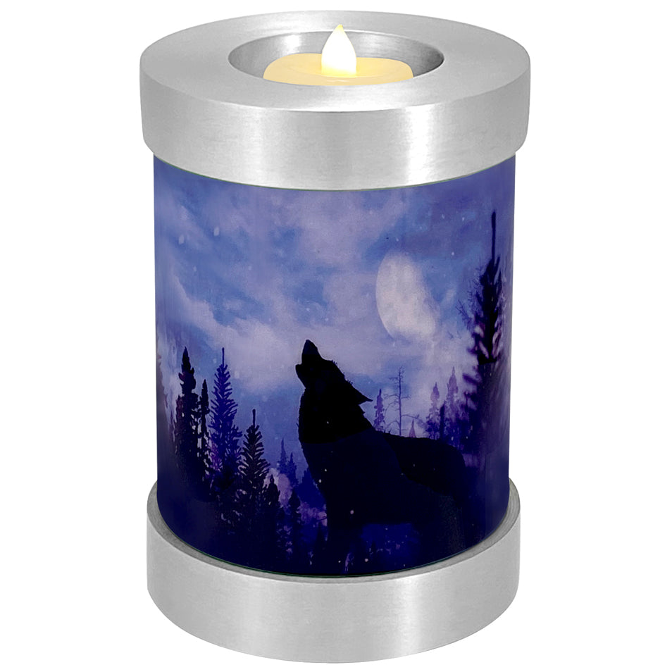 Winter Wolf Candle Cremation Urn - Engraving Available - LED Candle Included