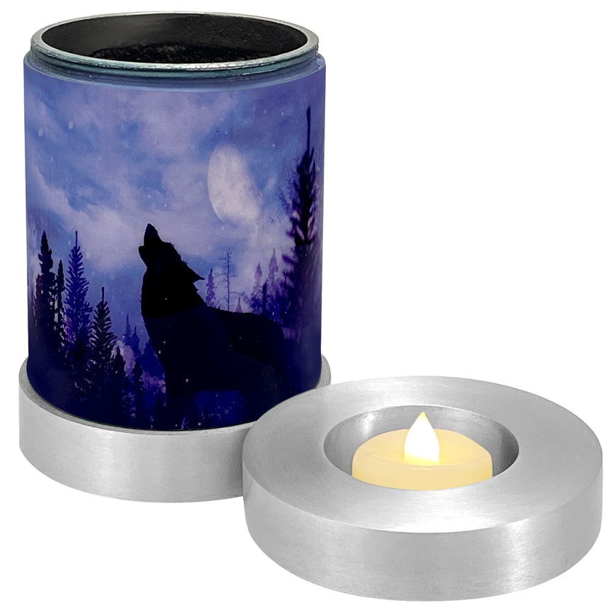 Winter Wolf Candle Cremation Urn - Engraving Available - LED Candle Included