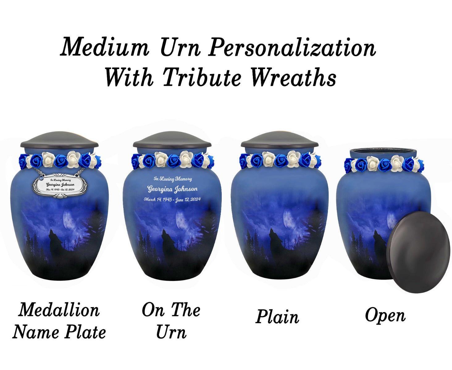 Winter Wolf Moon Medium or Adult Sized Cremation Urn - Tribute Wreath™ - Pro Personalization - Burial Vault Option
