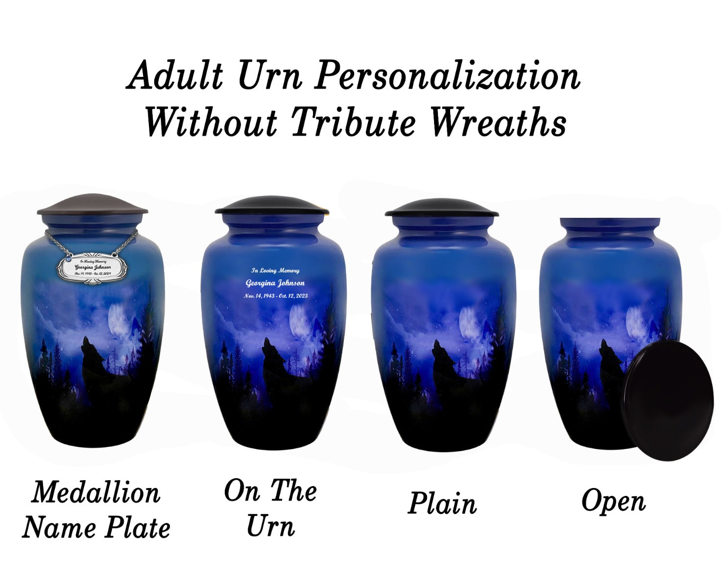 Winter Wolf Moon Medium or Adult Sized Cremation Urn - Tribute Wreath™ - Pro Personalization - Burial Vault Option