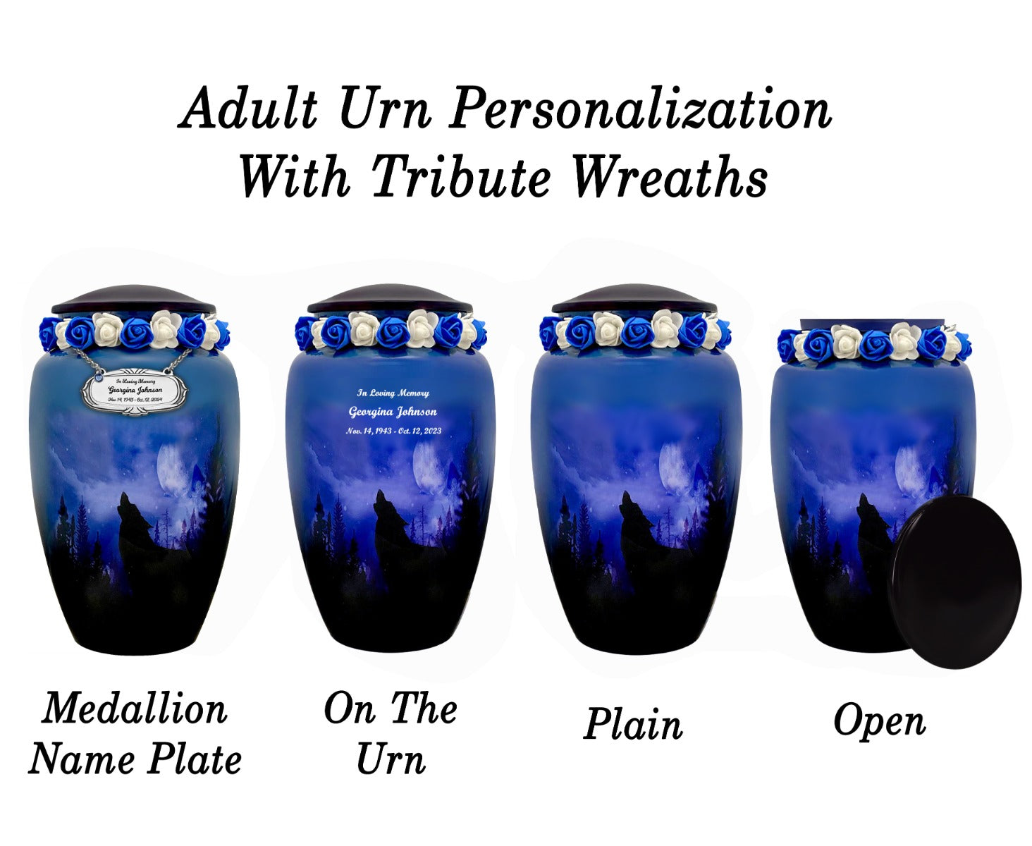 Winter Wolf Moon Medium or Adult Sized Cremation Urn - Tribute Wreath™ - Pro Personalization - Burial Vault Option