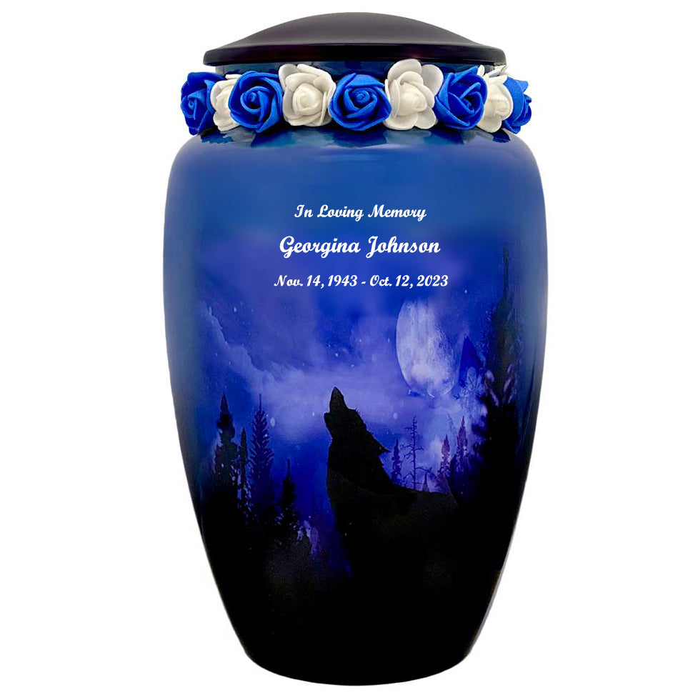 Winter Wolf Moon Medium or Adult Sized Cremation Urn - Tribute Wreath™ - Pro Personalization - Burial Vault Option