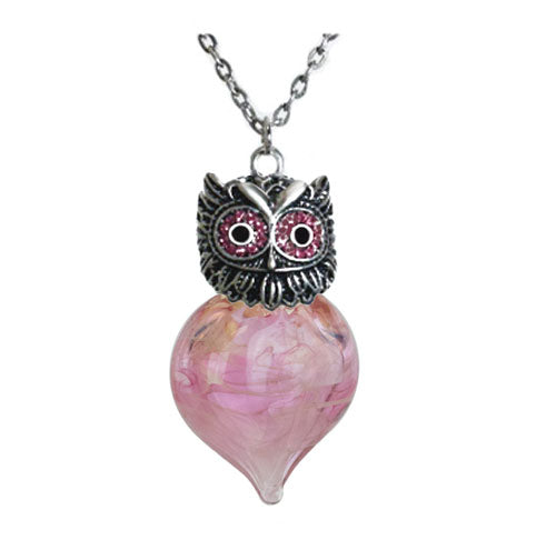 Pink Wise Owl Lady Heart Cremation Jewelry - Love Charms Option
