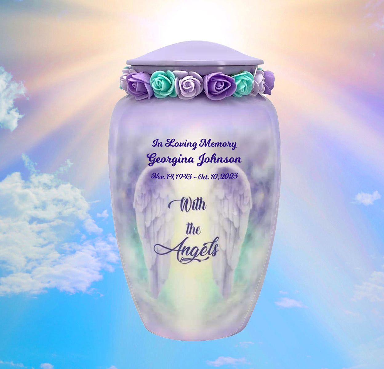 With The Angels Medium or Adult Sized Cremation Urn - Tribute Wreath™ - Pro Personalization - Burial Vault Option