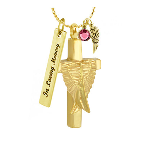 Cross Angel Wings Gold Ash Urn  - Love Charms® Option