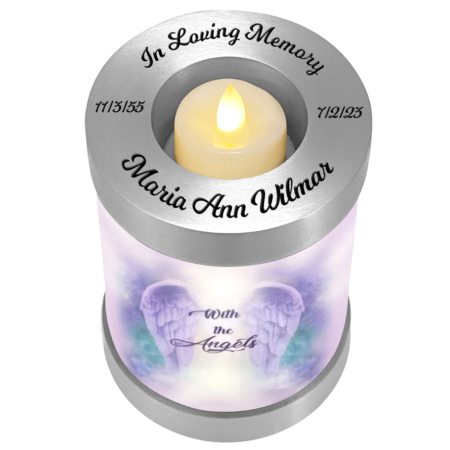 With The Angels Candle Cremation Urn - Engraving Available - LED Candle Included