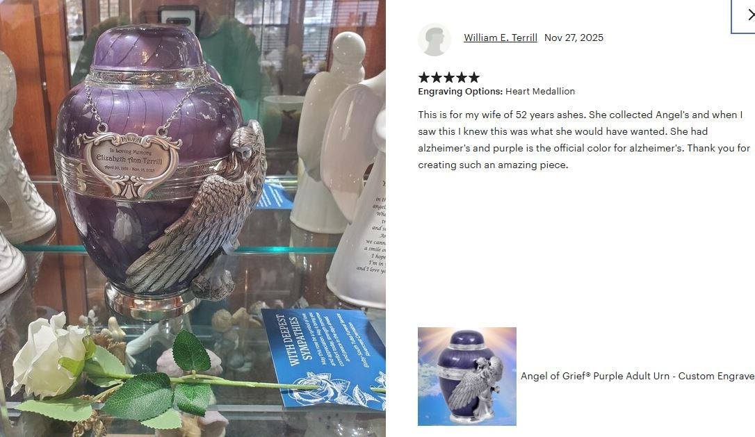 Wings of an Angel Purple Adult Urn - Pro Laser Engraving - Burial Vault Option