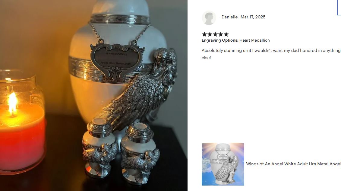 Wings of an Angel White Adult Urn - Pro Laser Engraving - Burial Vault Option