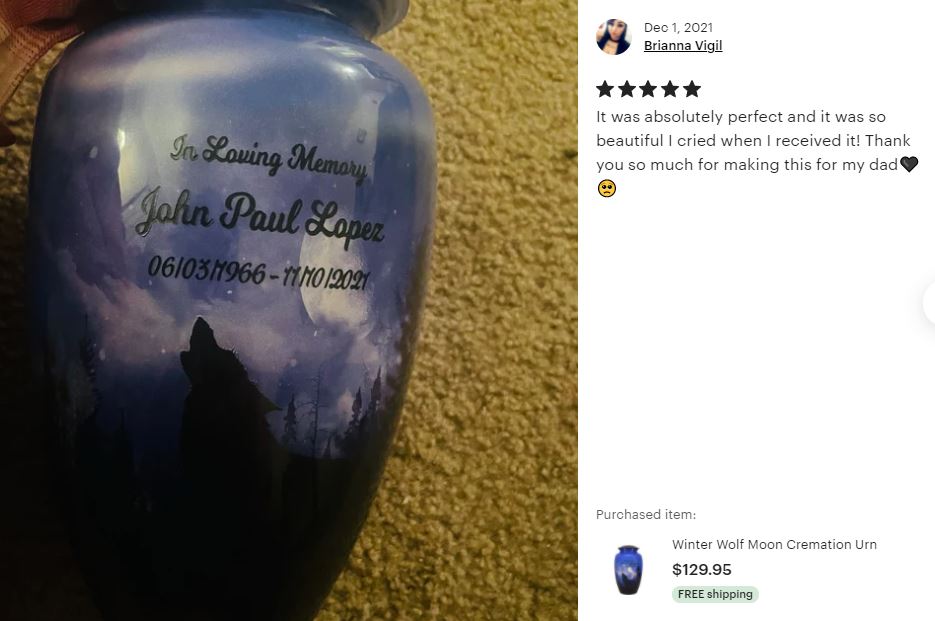 Winter Wolf Moon Medium or Adult Sized Cremation Urn - Tribute Wreath™ - Pro Personalization - Burial Vault Option