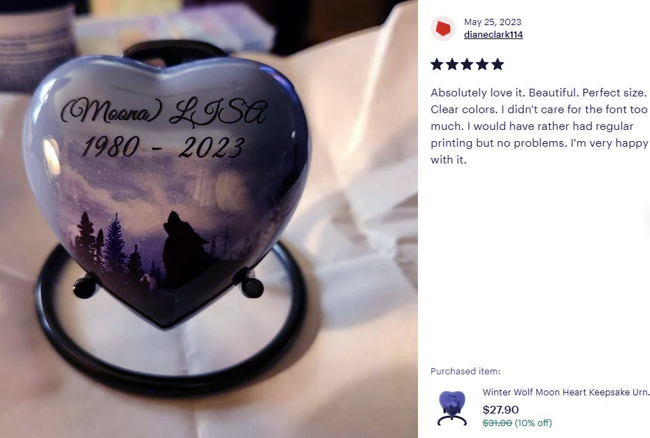 Winter Wolf Moon Heart Keepsake Urn - Stand Option