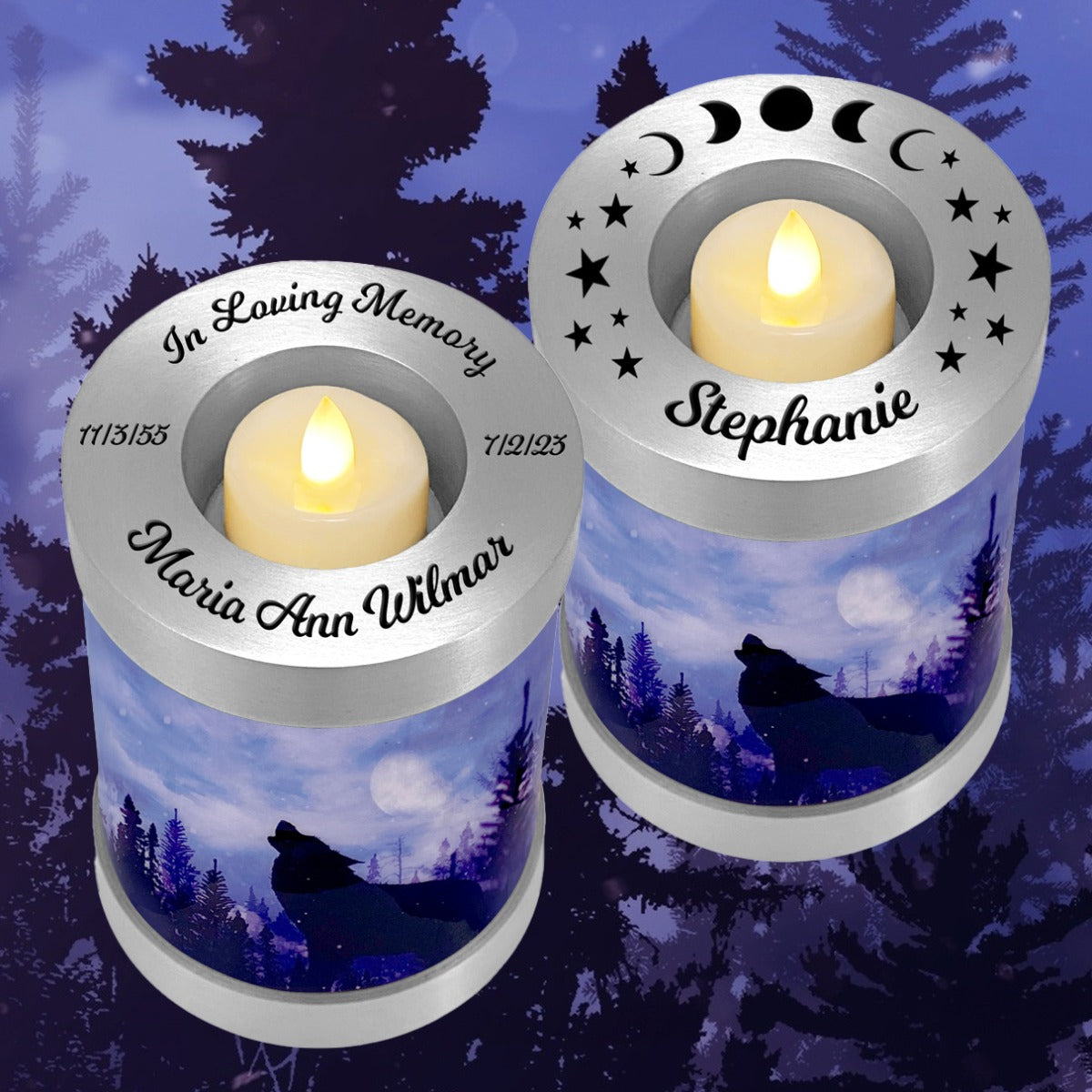 Winter Wolf Candle Cremation Urn - Engraving Available - LED Candle Included