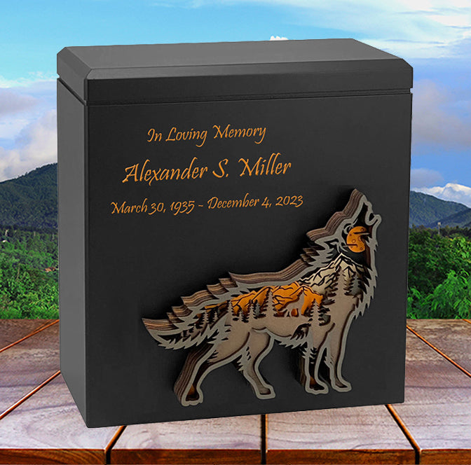 Owl, Wolf, Eagle, Dragon, Ocean, Horses, Bear, Whale Wood Art Cremation Adult Urn - Handmade Adult Wood Urns