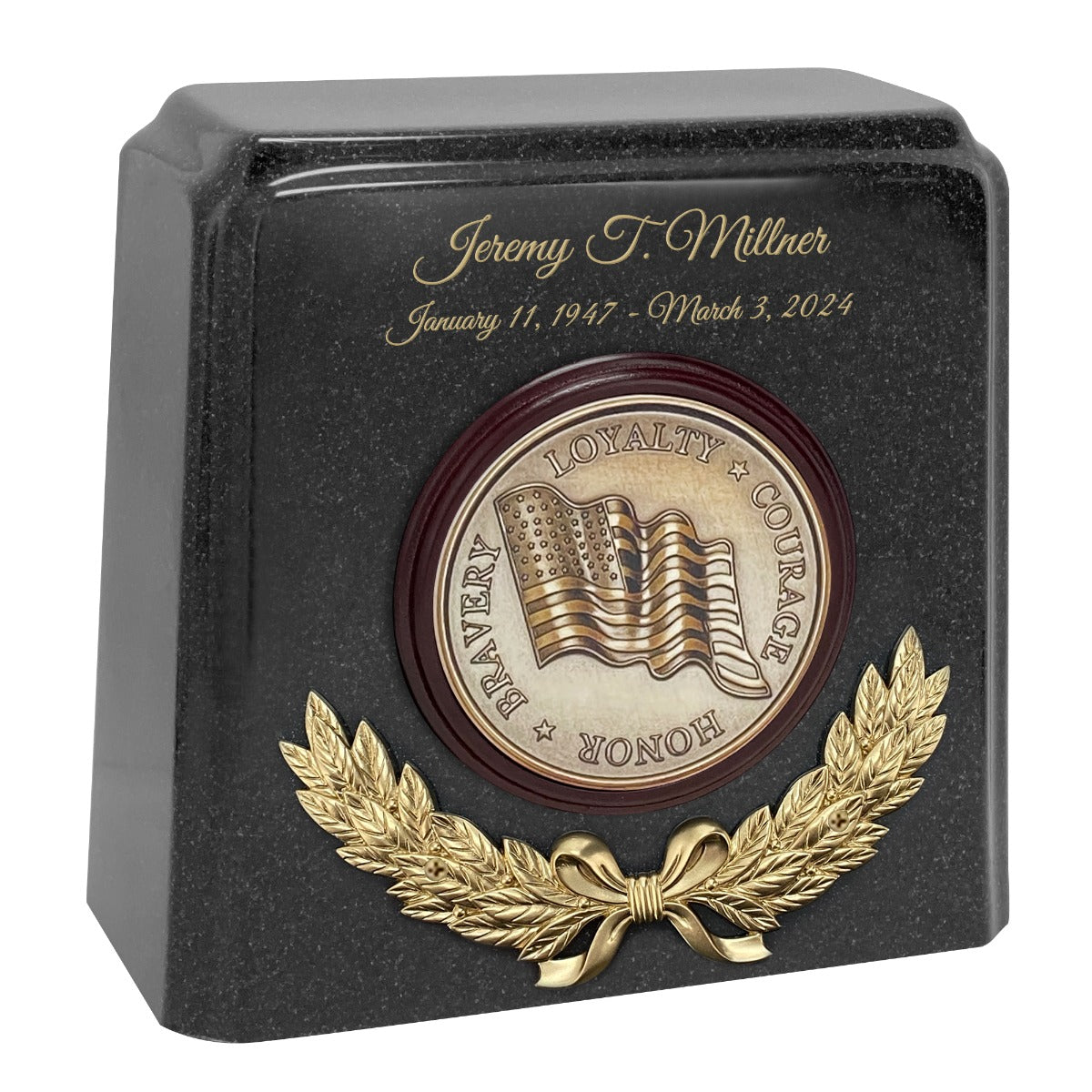 Wreath of the Flag Granite Cremation Urn - Choose White or Gray