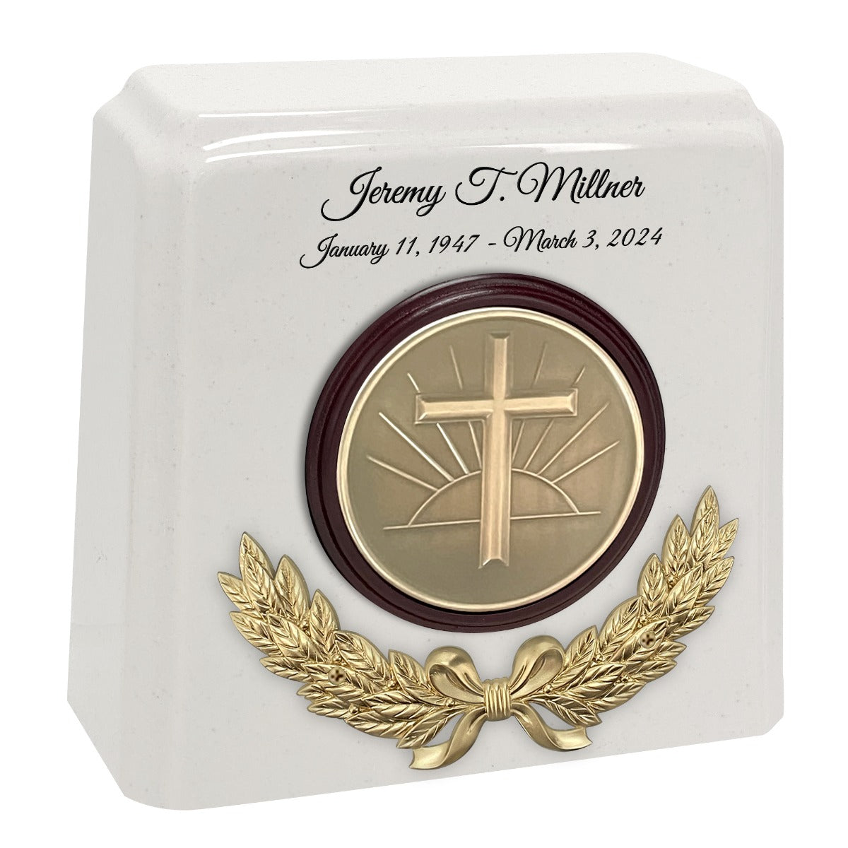 Wreath of the Cross Granite Cremation Urn - Choose White or Gray