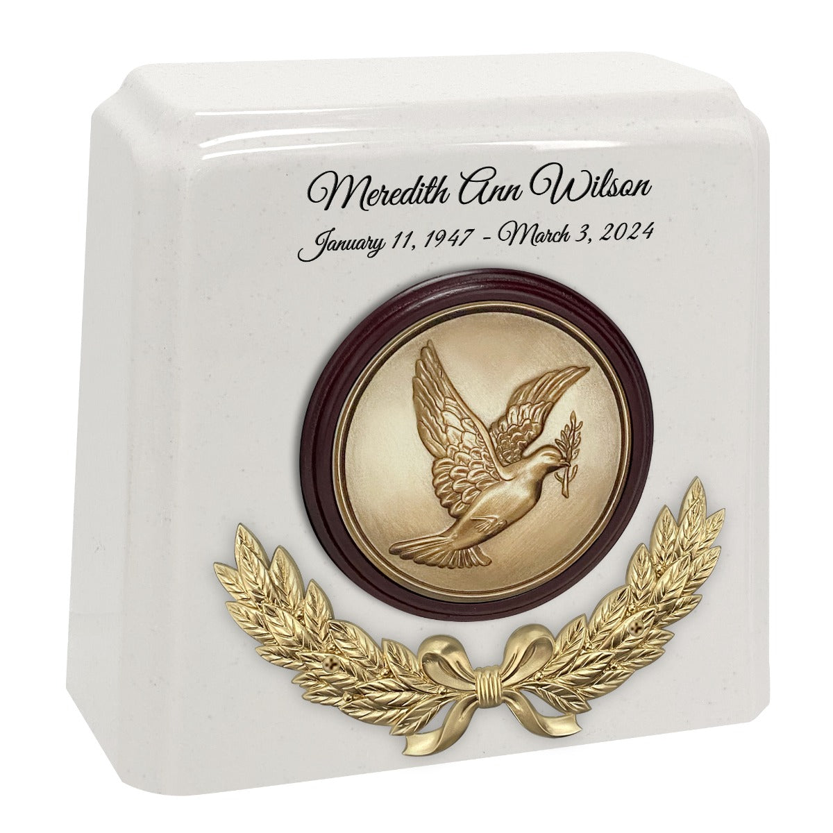 Wreath of a Dove Granite Cremation Urn - Choose White or Gray