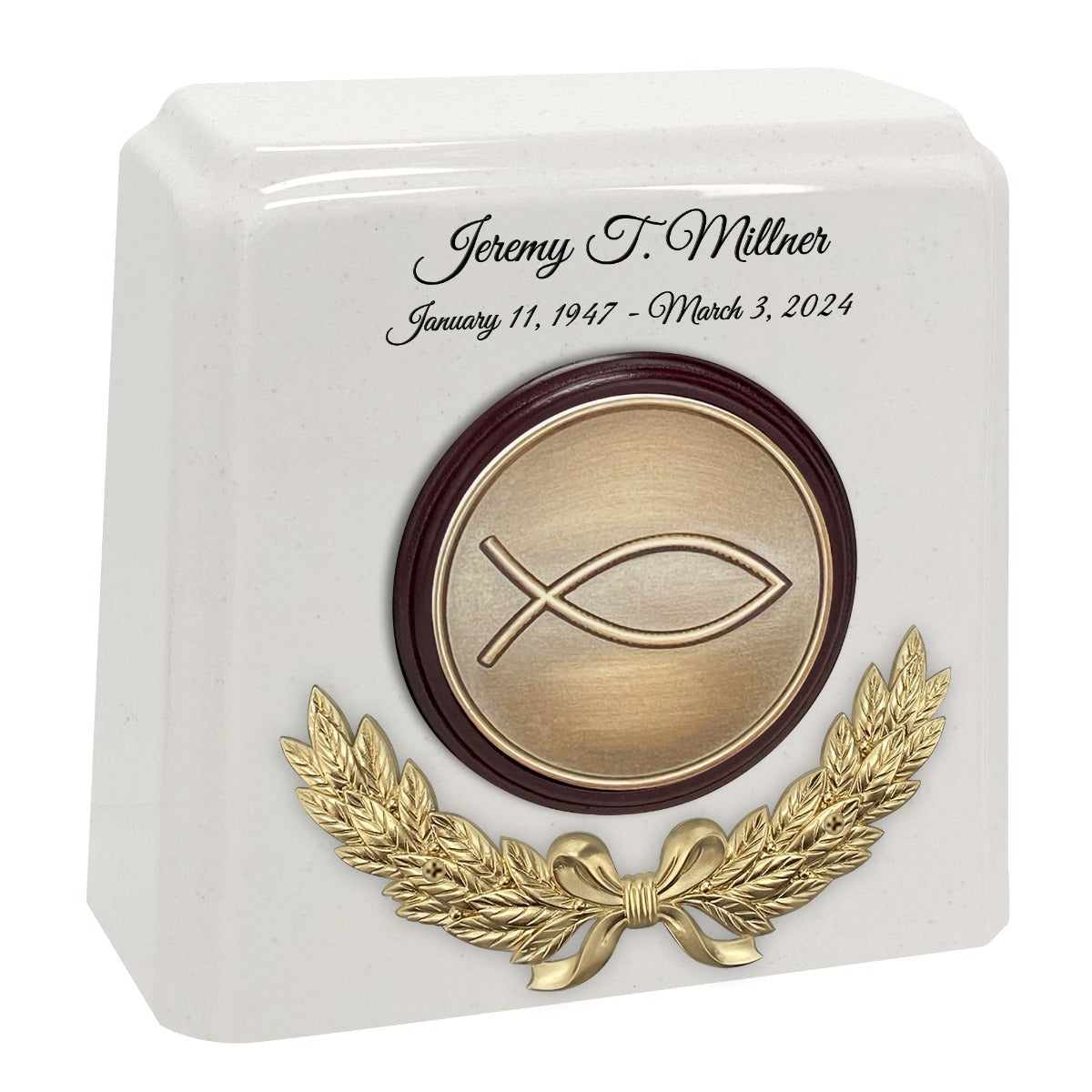 Wreath of the Christian Fish Granite Cremation Urn - Choose White or Gray