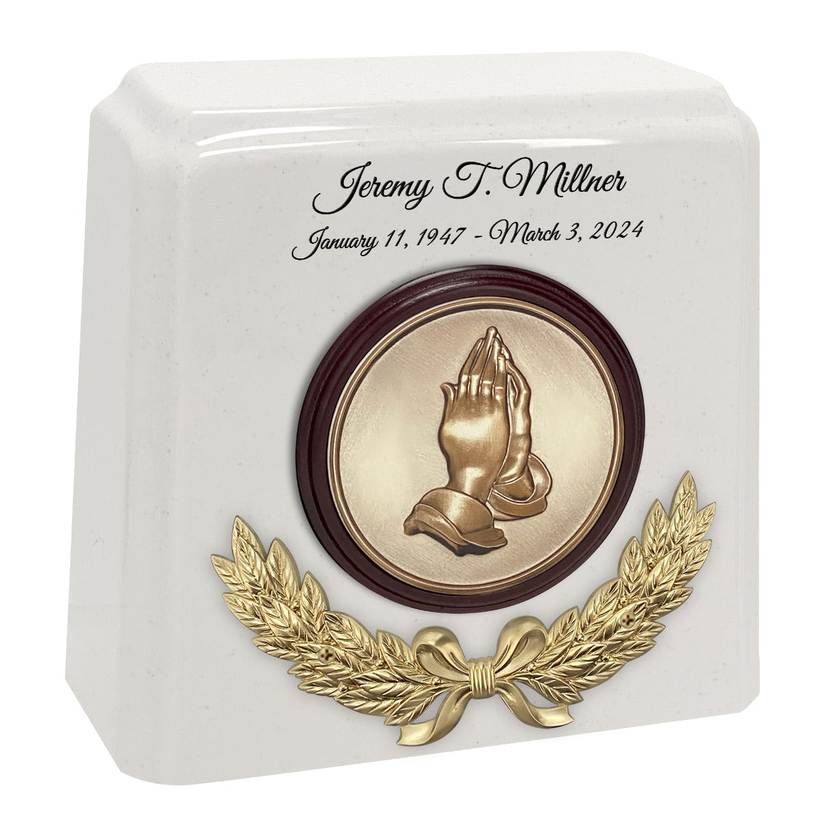 Wreath of Praying Hands Granite Cremation Urn - Choose White or Gray