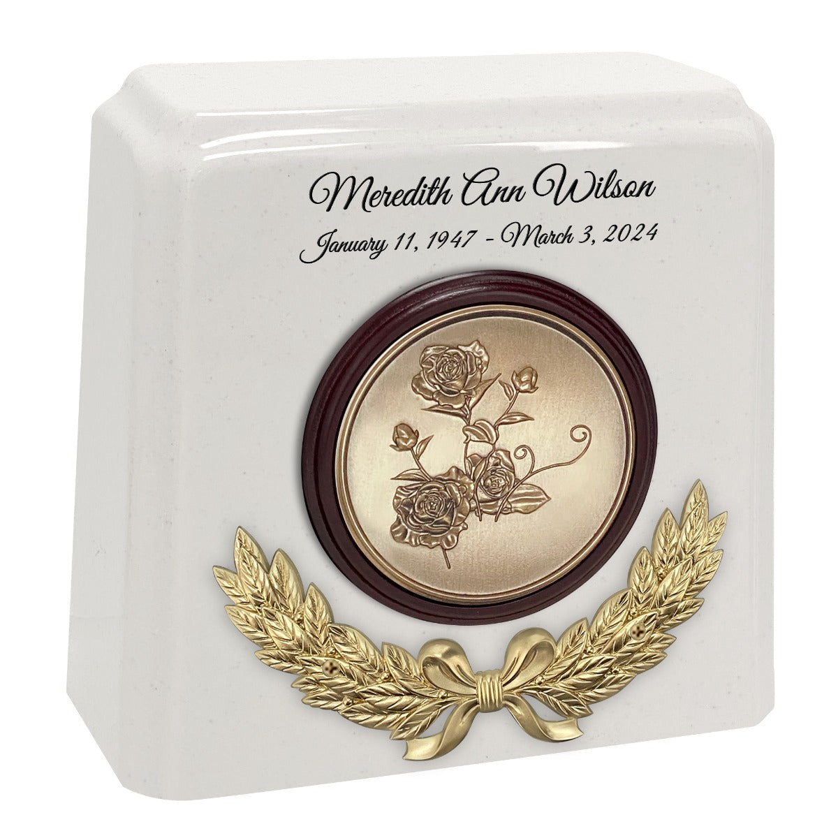 Wreath of Roses Granite Cremation Urn - Choose White or Gray